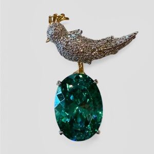 Bird Brooch with Emerald Green Oval Stone